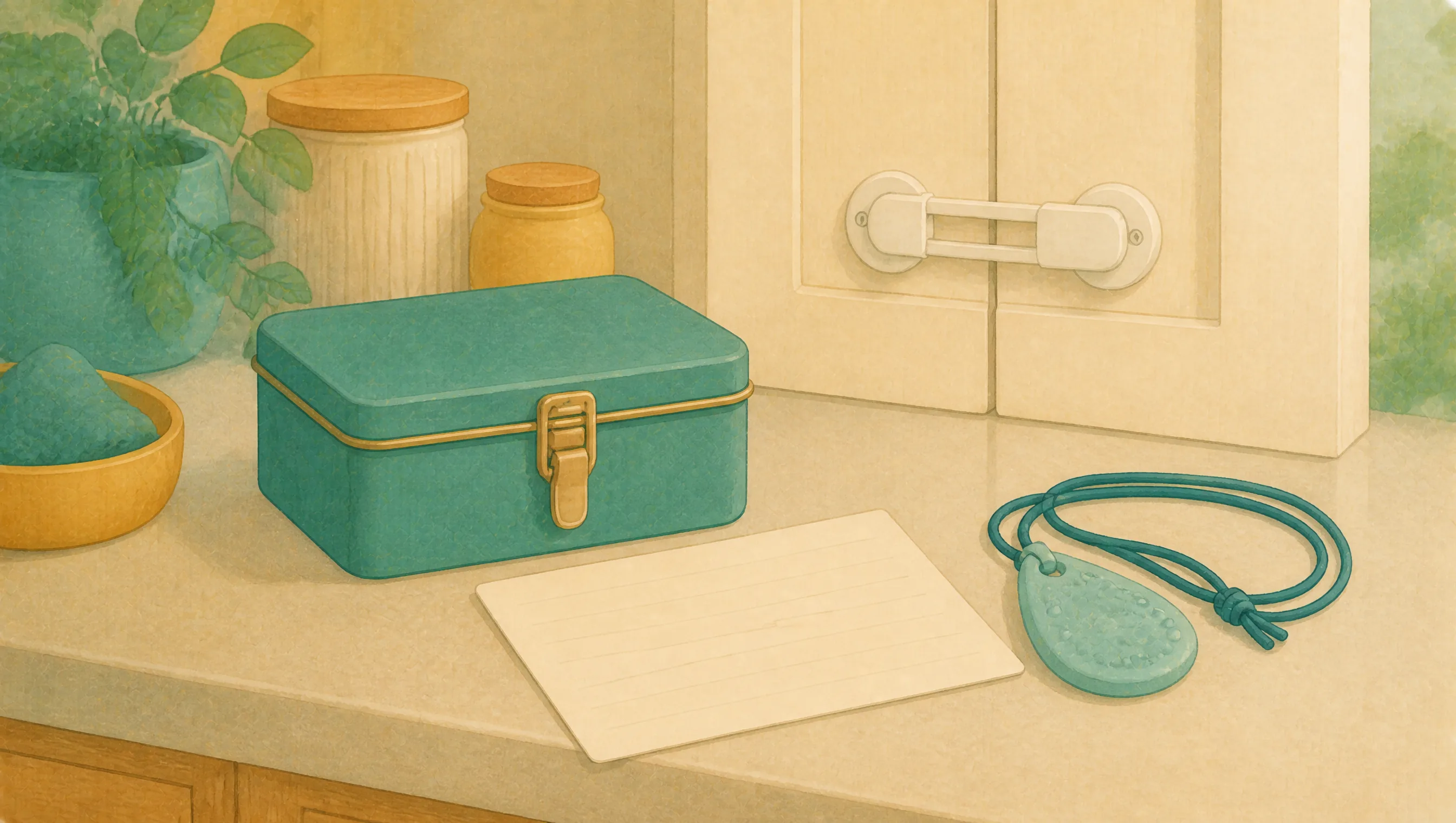A kitchen worktop holding a latched tin, a lidded jar, a safety catch fitted to a cupboard door, a chewable pendant on a cord and a blank card.