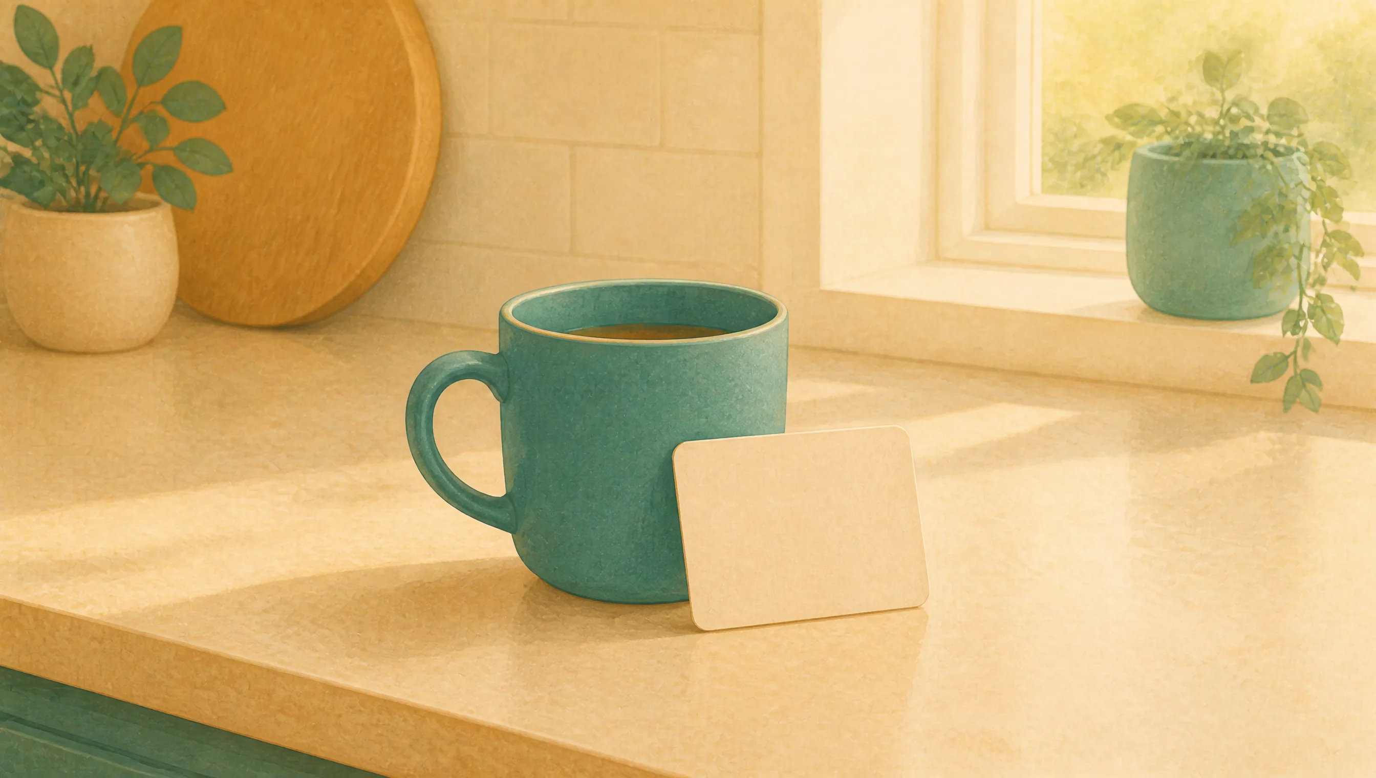 A teal ceramic mug of tea sits beside a blank cream note card on a sunlit kitchen counter, with potted plants on the windowsill and a wooden chopping board.