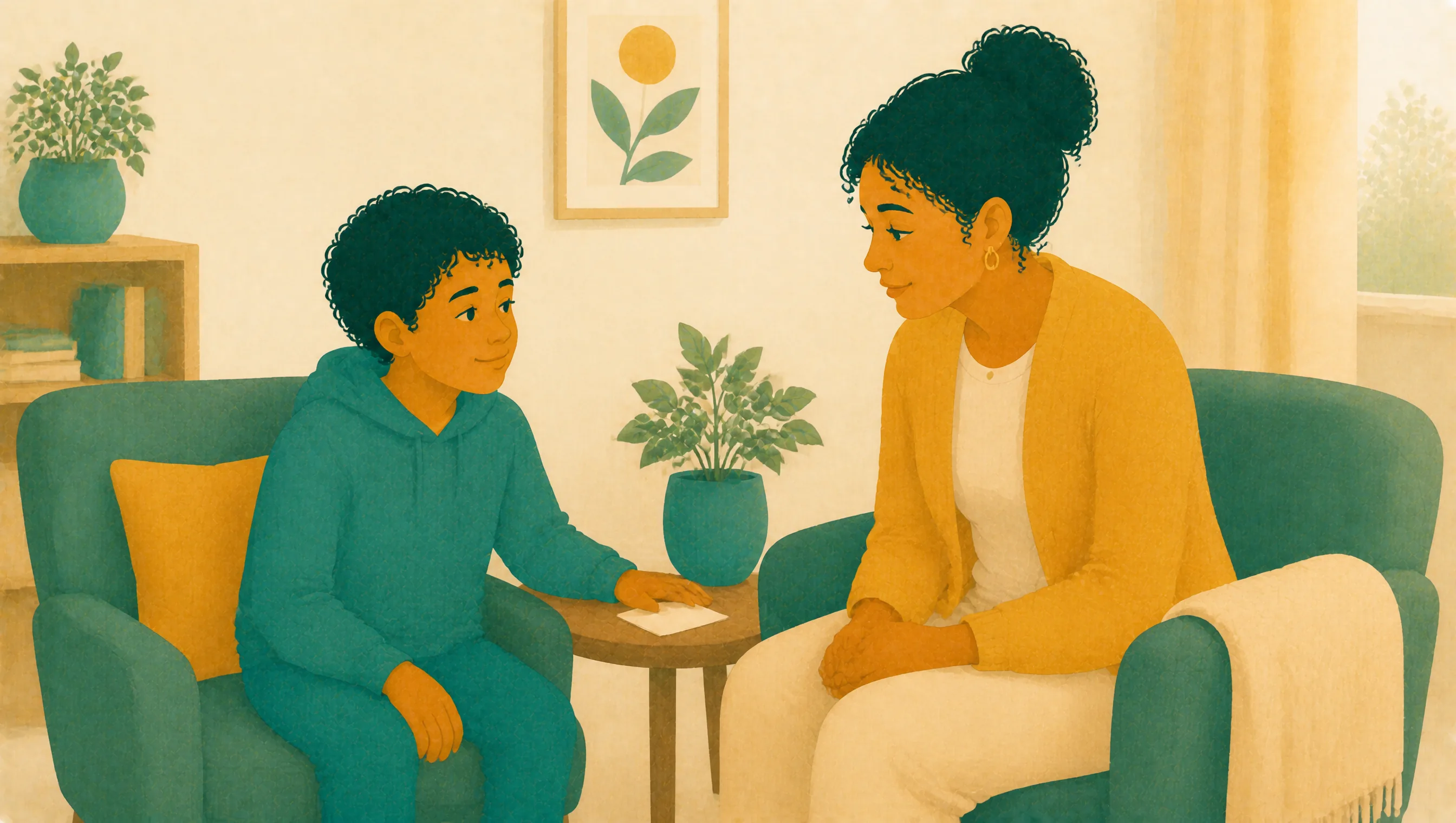 A boy sits in an armchair opposite his mother, reaching towards a small folded card on the table between them as they talk.