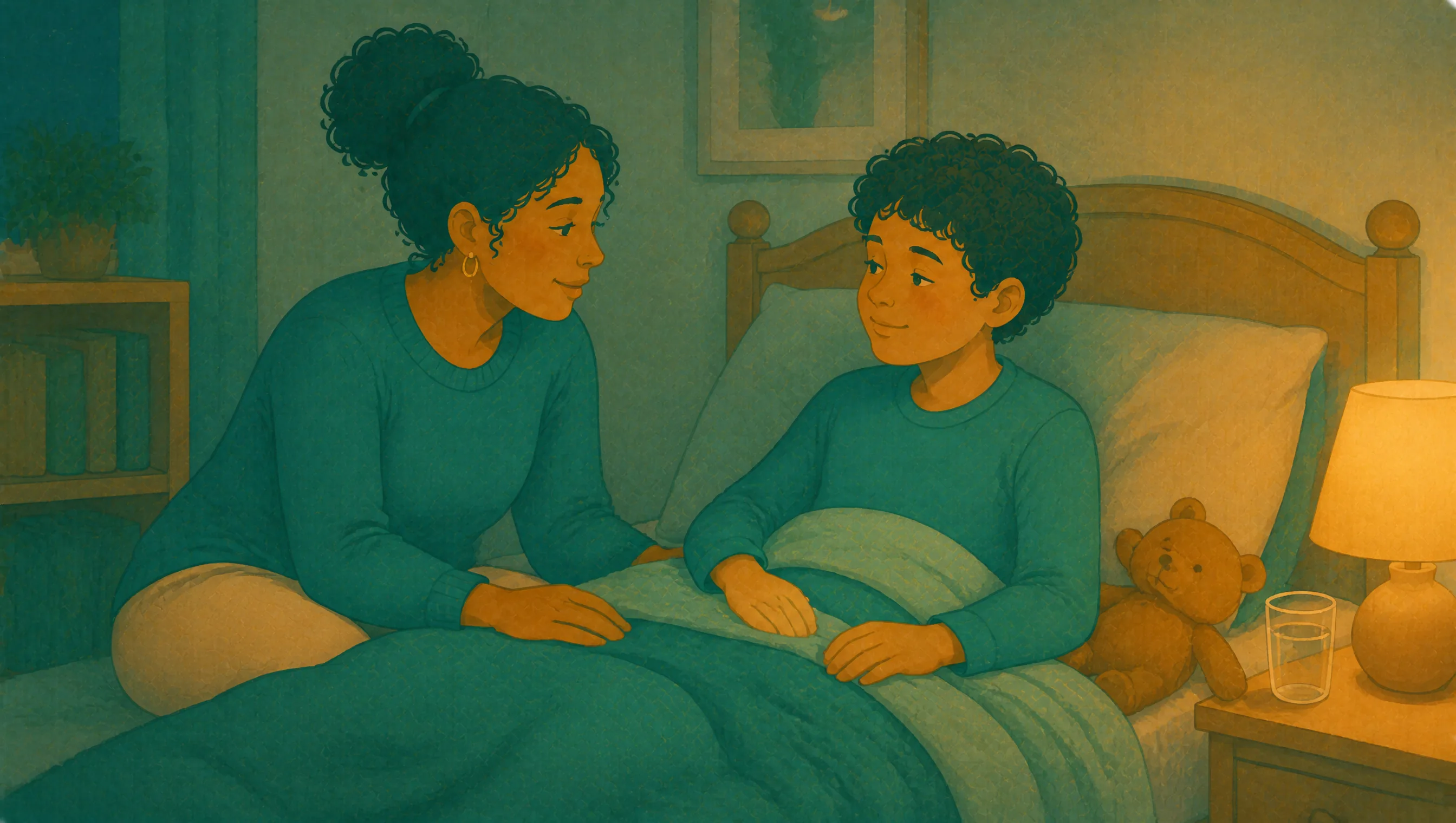 A mother sits on the edge of her son's bed at night talking with him calmly, a teddy bear and a glass of water on the bedside table beside a lit lamp.