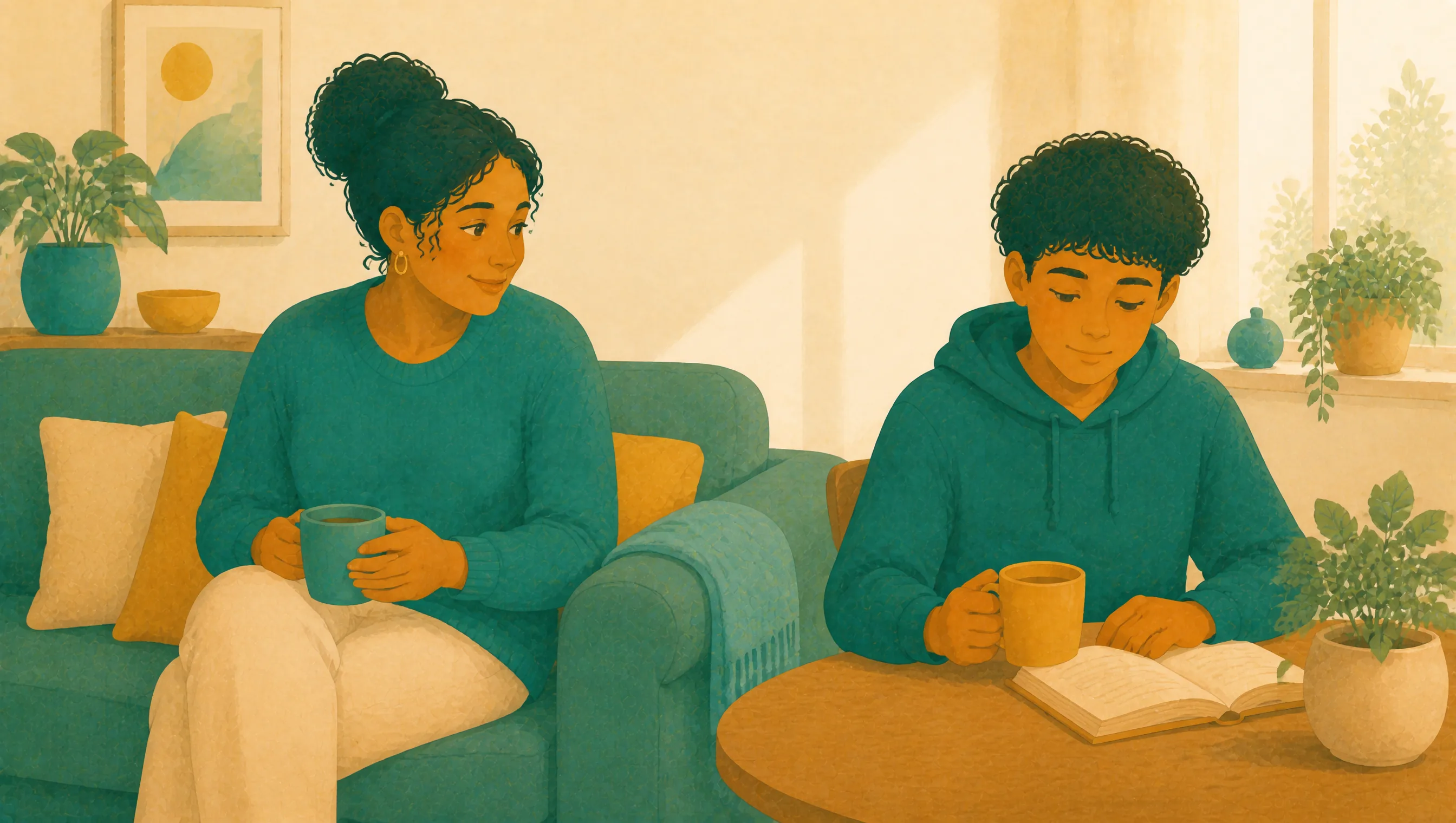 A woman and a teenage boy sit apart on a teal sofa, both holding mugs, with an open book on the coffee table between them and houseplants nearby.