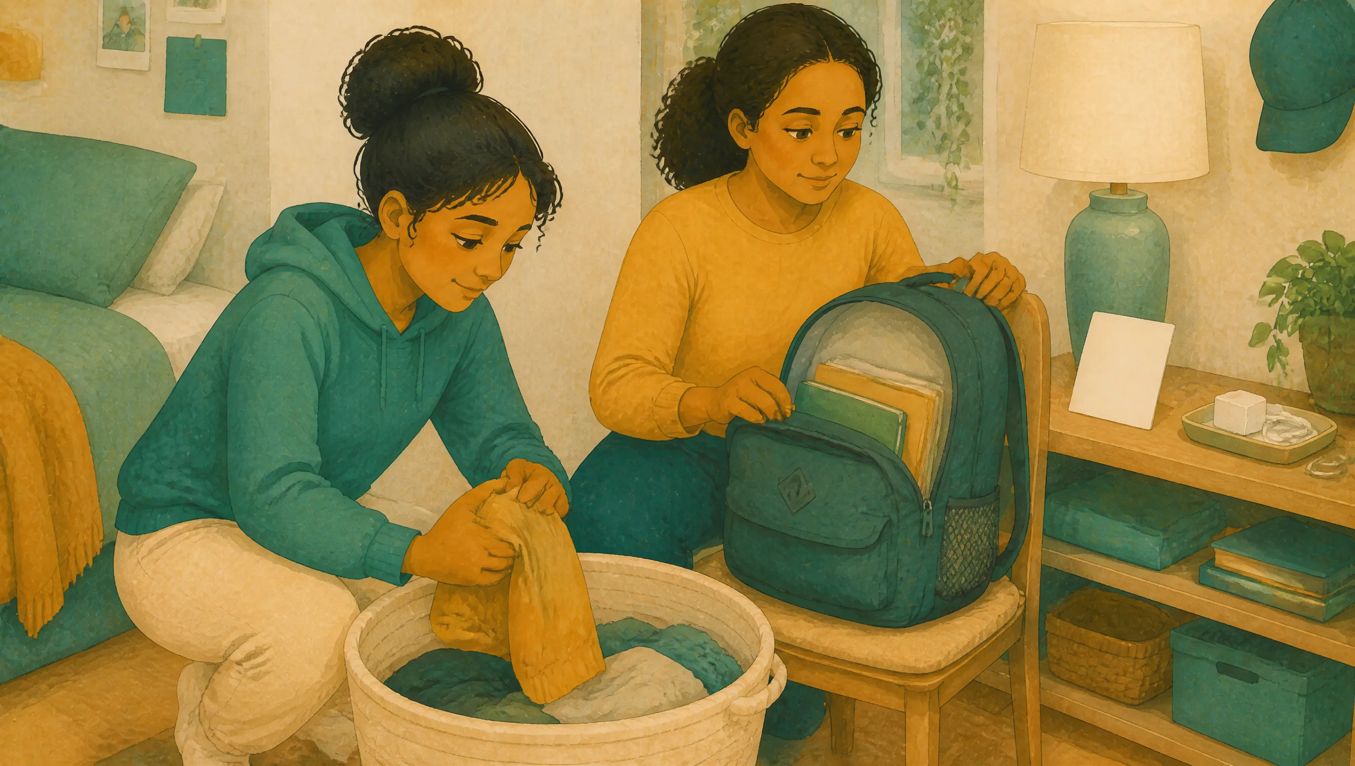 A girl and a woman kneel in a bedroom, one sorting clothes into a wicker laundry basket, the other packing books into a teal backpack on a chair.