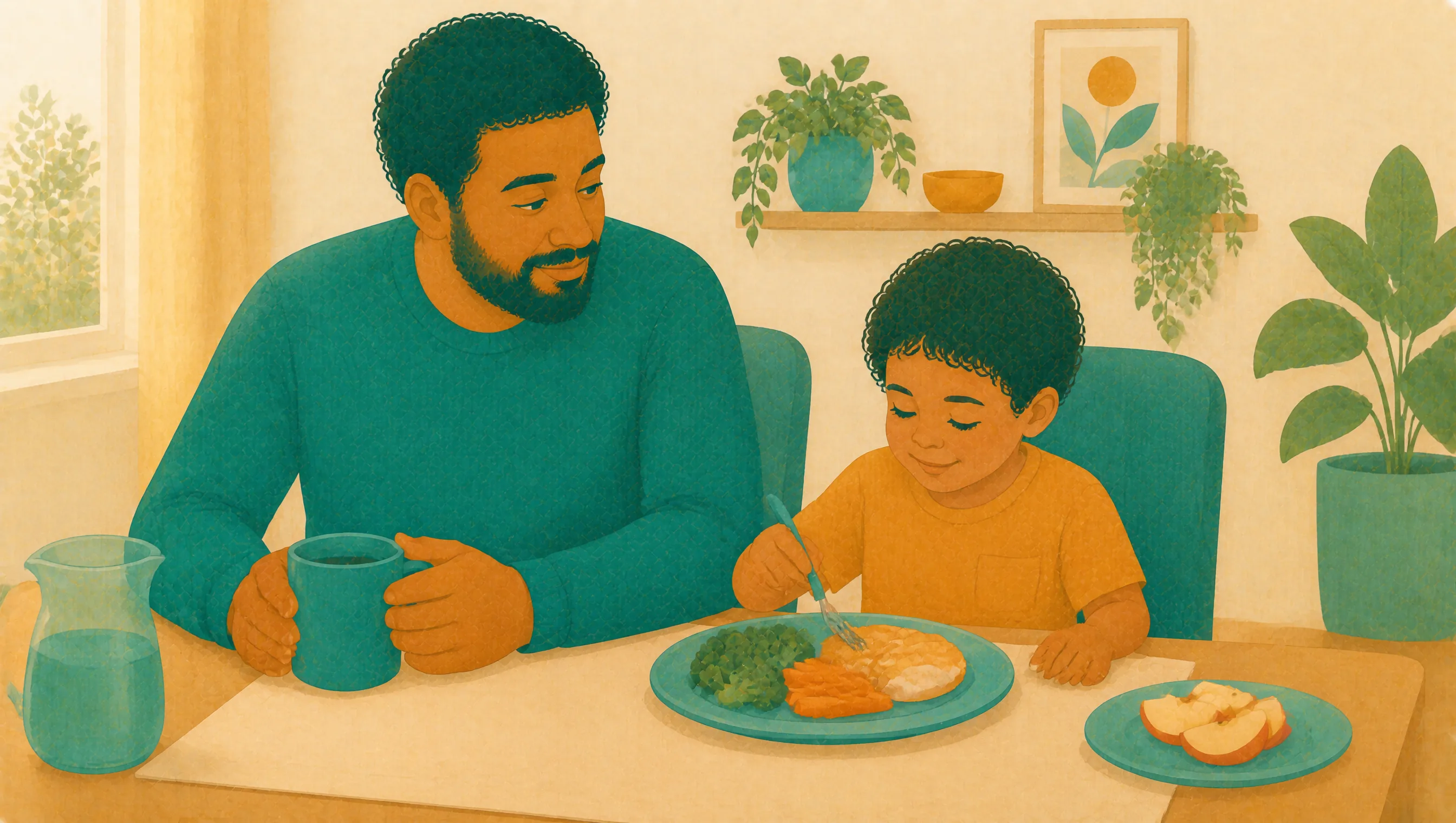 A father sits beside his young son at the dinner table while the boy eats, with other food set aside on a separate plate.