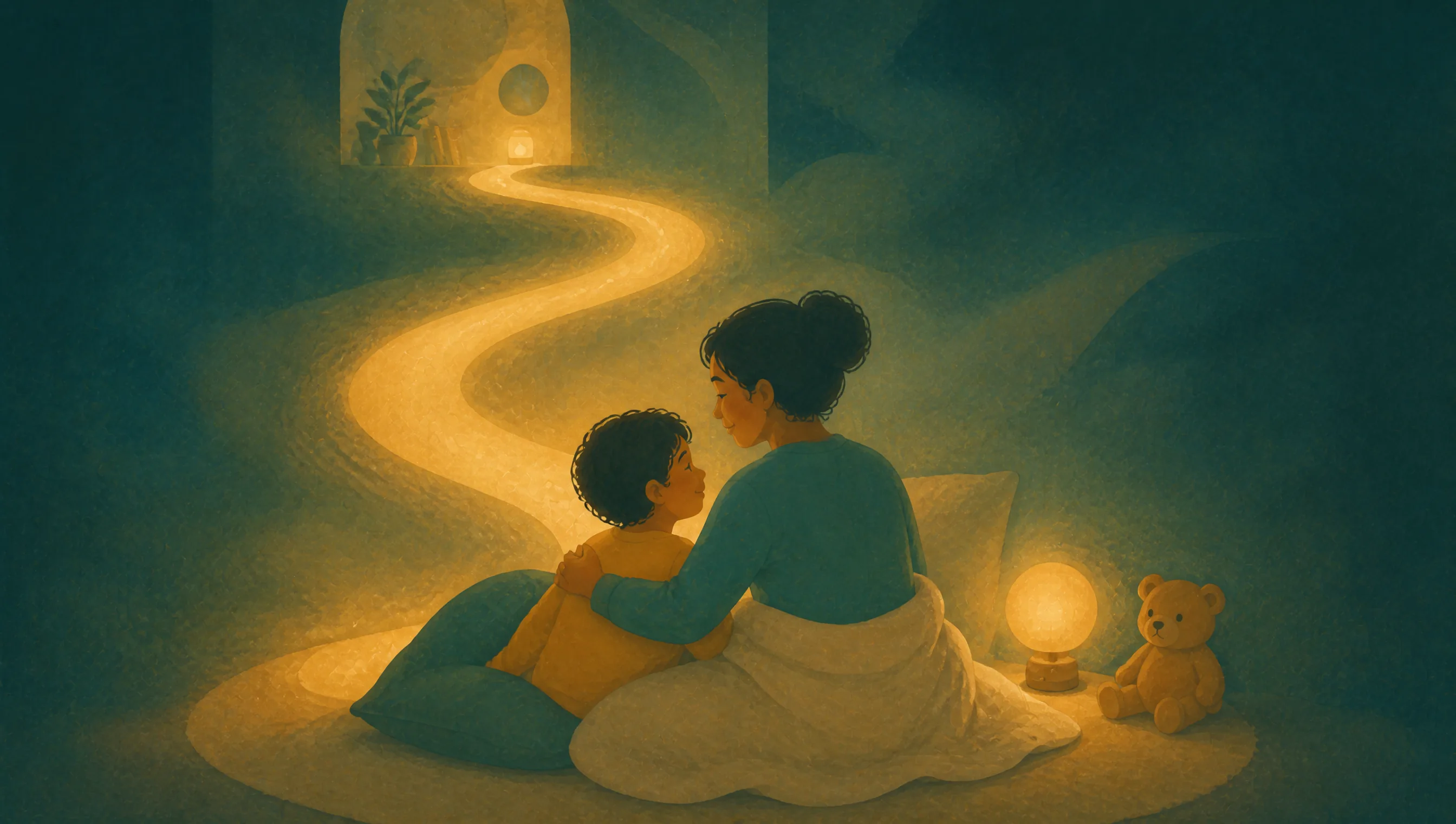 A woman and a child sit on cushions in a dim bedroom, her arm around him, facing a glowing winding path of light towards a window, teddy bear nearby.