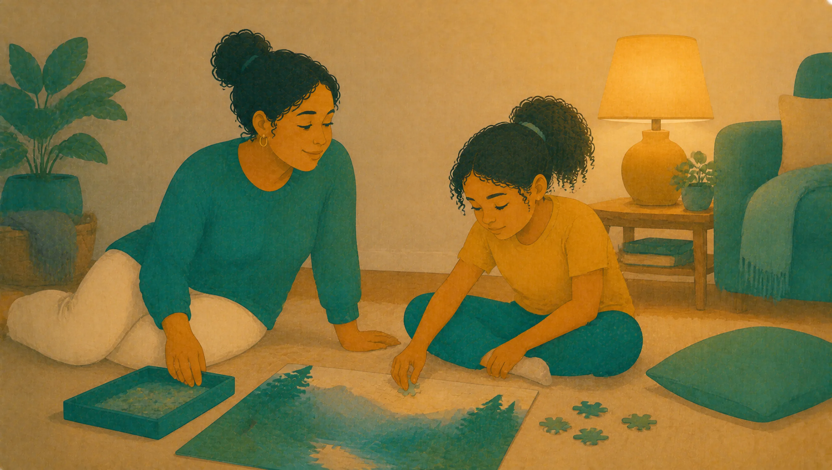 A mother and daughter sit together on the floor of a softly lit living room finishing a jigsaw in the evening.